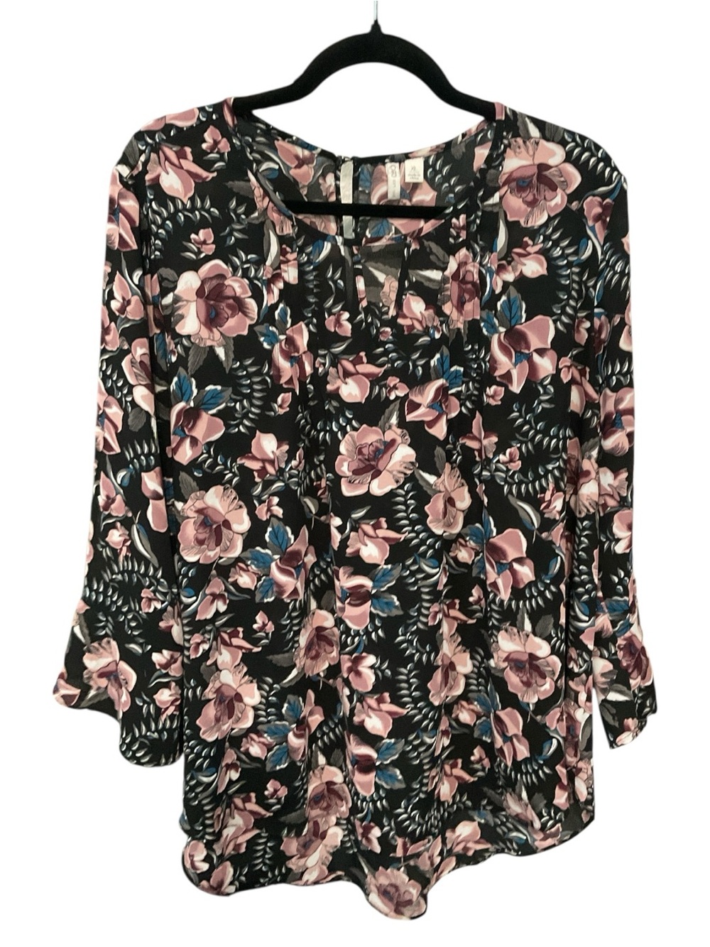 Cato Floral Pleated Blouse XL Black Pink Blue 3/4 Sleeve Preloved - Picture 2 of 5